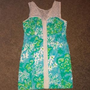 Lilly Pulitzer; floral dress; size 10; mini; lace; blue and green